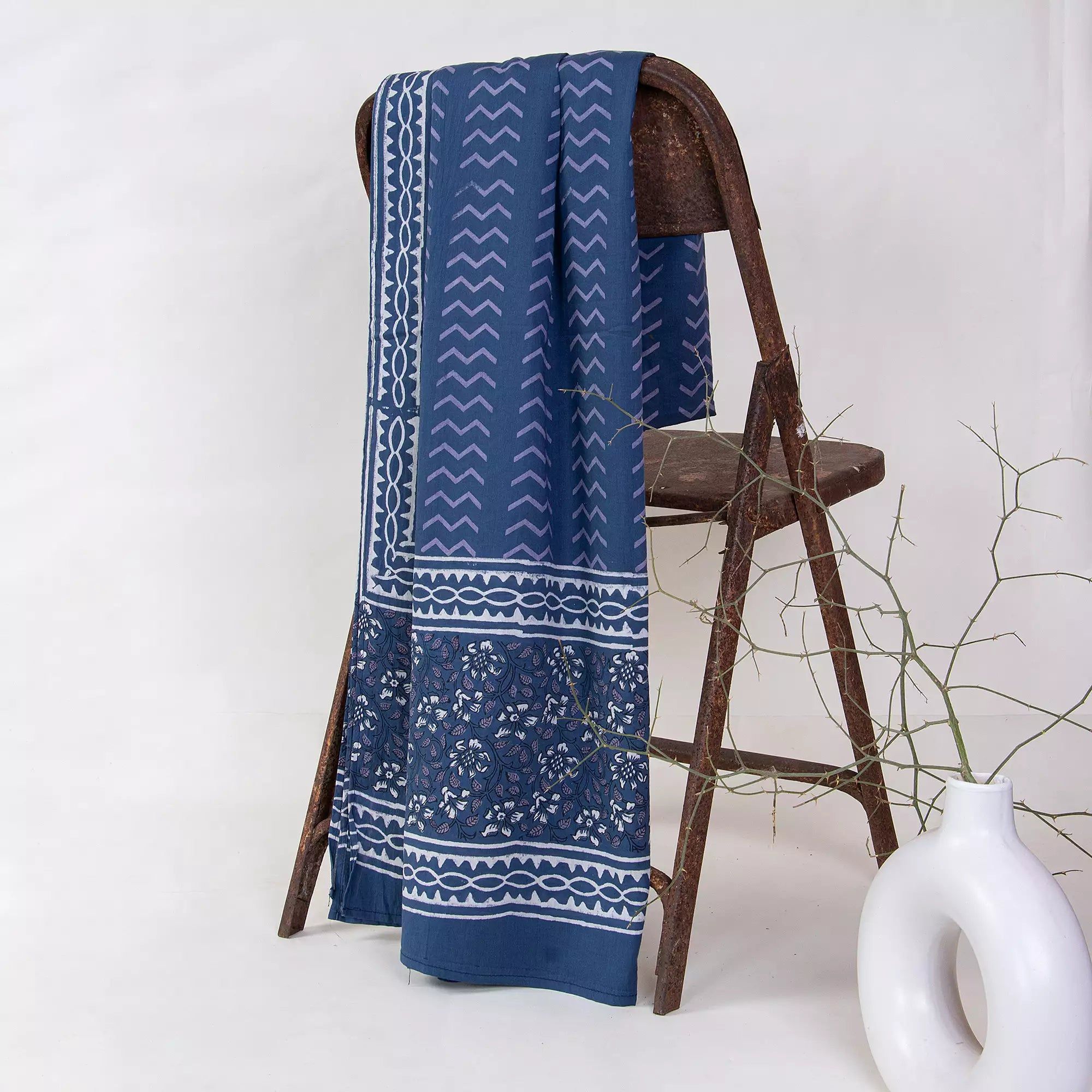 Blue Stripe Hand Printed Cotton Dupatta for Women's